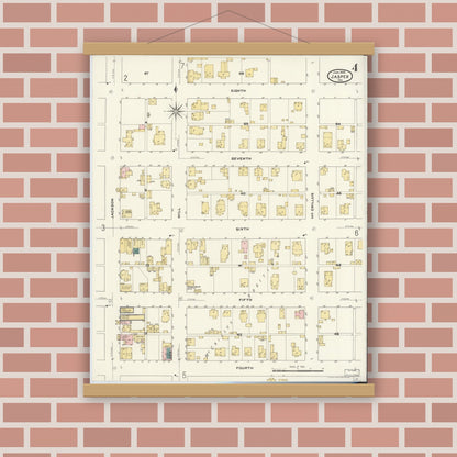 Old map wall art mockup — magnetic wood frame on brick wall — Sanborn Fire Insurance Map from Jasper, Dubois County, Indiana (1909), Sheet #0004