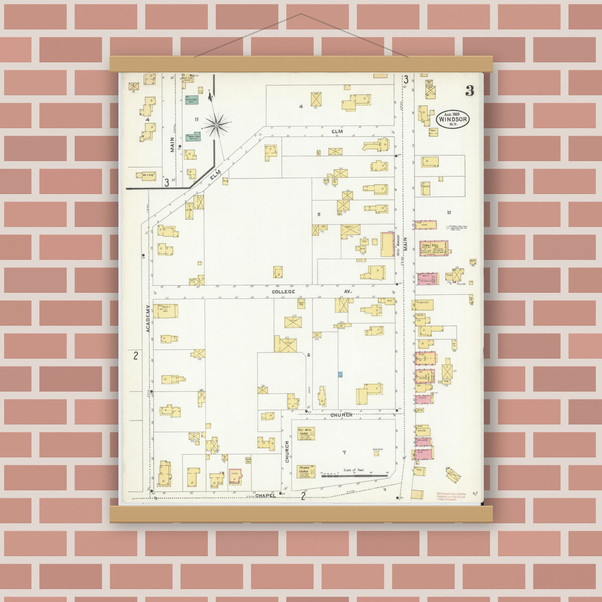 Old map wall art mockup — magnetic wood frame on brick wall — Sanborn Fire Insurance Map from Windsor, Broome County, New York (1905), Sheet #0003