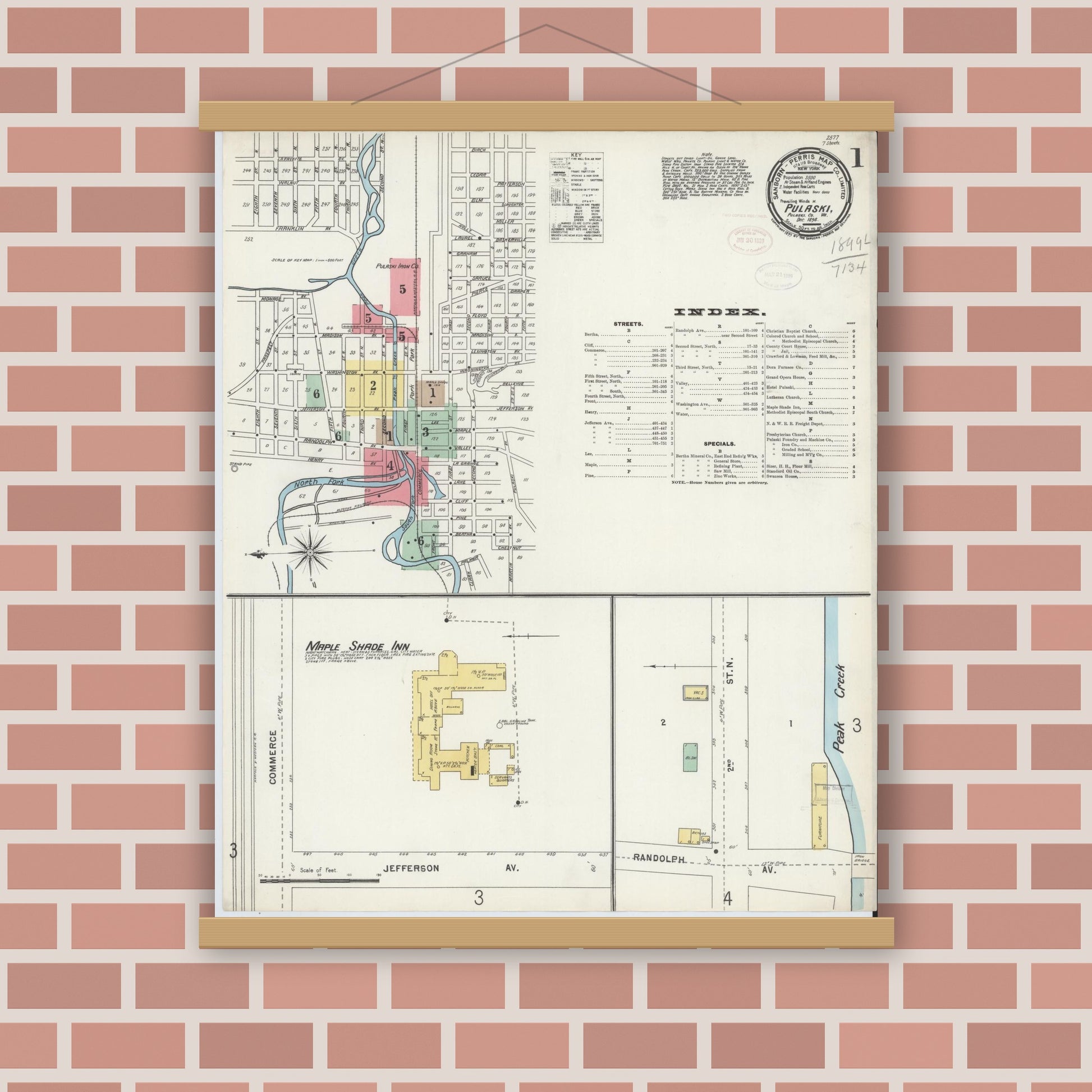 Old map wall art mockup — magnetic wood frame on brick wall — Sanborn Fire Insurance Map from Pulaski, Pulaski County, Virginia (1898), Sheet #0001