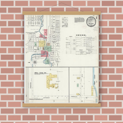 Old map wall art mockup — magnetic wood frame on brick wall — Sanborn Fire Insurance Map from Pulaski, Pulaski County, Virginia (1898), Sheet #0001