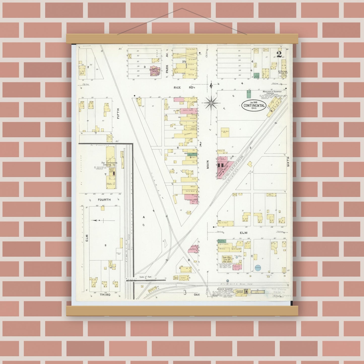 Old map wall art mockup — magnetic wood frame on brick wall — Sanborn Fire Insurance Map from Continental, Putnam County, Ohio (1908), Sheet #0002
