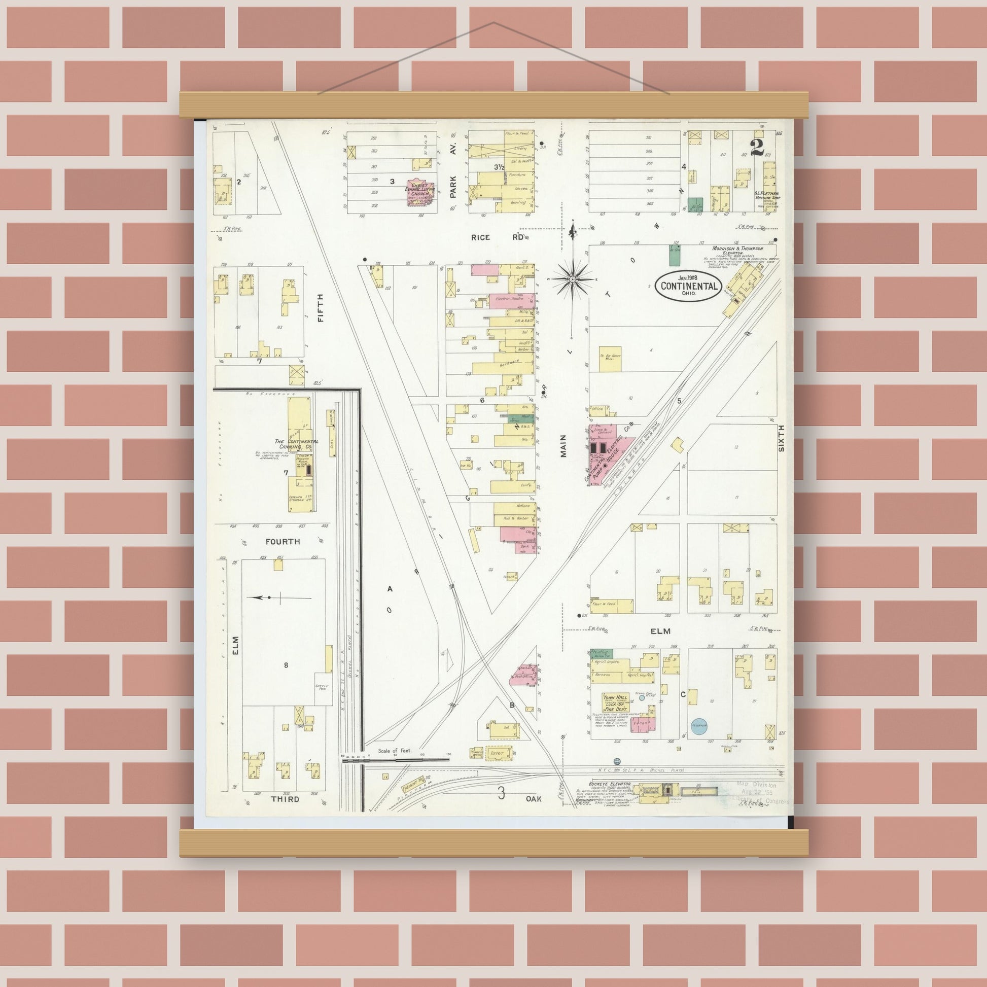Old map wall art mockup — magnetic wood frame on brick wall — Sanborn Fire Insurance Map from Continental, Putnam County, Ohio (1908), Sheet #0002