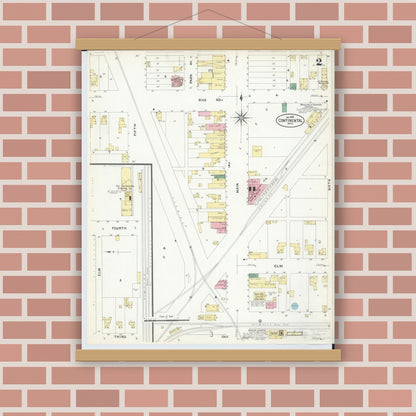 Old map wall art mockup — magnetic wood frame on brick wall — Sanborn Fire Insurance Map from Continental, Putnam County, Ohio (1908), Sheet #0002