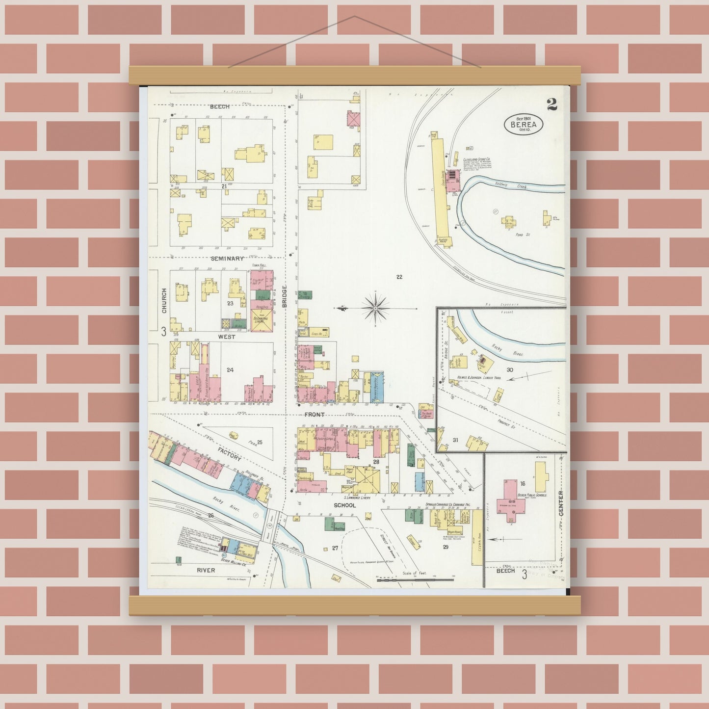 Old map wall art mockup — magnetic wood frame on brick wall — Sanborn Fire Insurance Map from Berea, Cuyahoga County, Ohio (1901), Sheet #0002