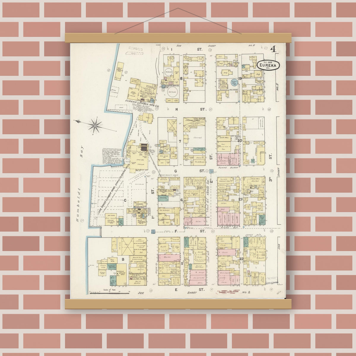 Old map wall art mockup — magnetic wood frame on brick wall — Sanborn Fire Insurance Map from Eureka, Humboldt County, California (1889), Sheet #0004