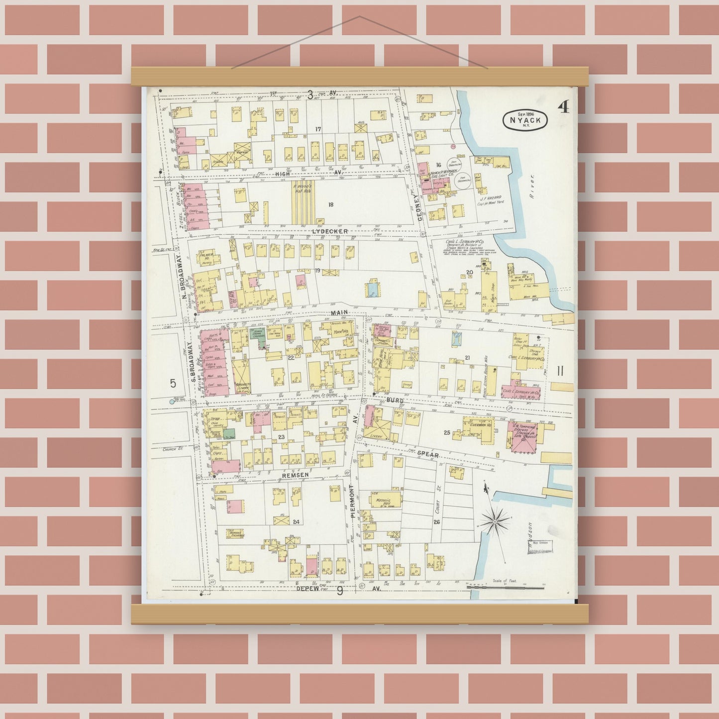 Old map wall art mockup — magnetic wood frame on brick wall — Sanborn Fire Insurance Map from Nyack, Rockland County, New York. (1896), Sheet #0004