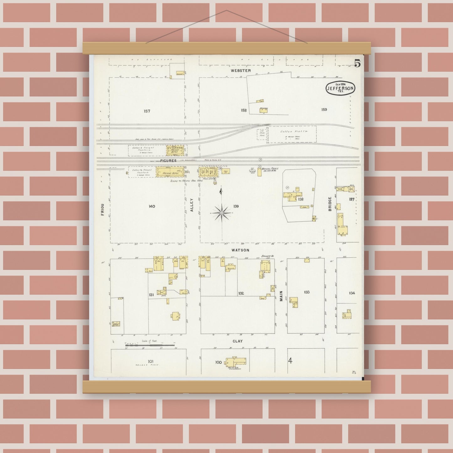 Old map wall art mockup — magnetic wood frame on brick wall — Sanborn Fire Insurance Map from Jefferson, Marion County, Texas (1896), Sheet #0005