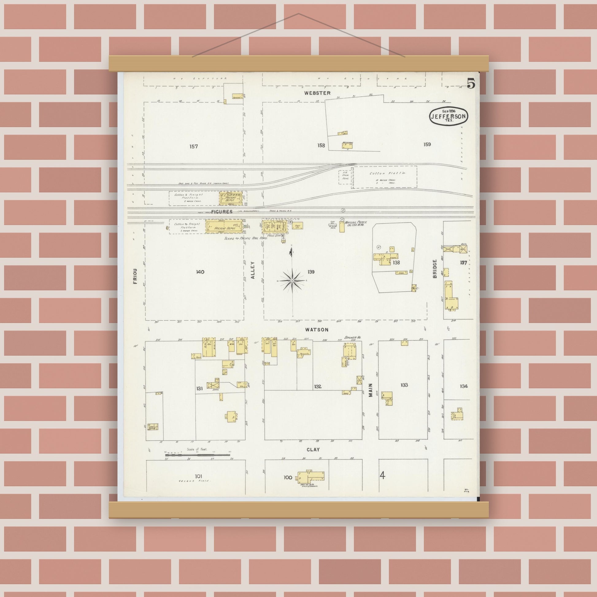 Old map wall art mockup — magnetic wood frame on brick wall — Sanborn Fire Insurance Map from Jefferson, Marion County, Texas (1896), Sheet #0005
