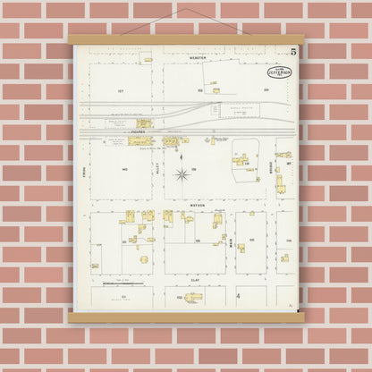 Old map wall art mockup — magnetic wood frame on brick wall — Sanborn Fire Insurance Map from Jefferson, Marion County, Texas (1896), Sheet #0005