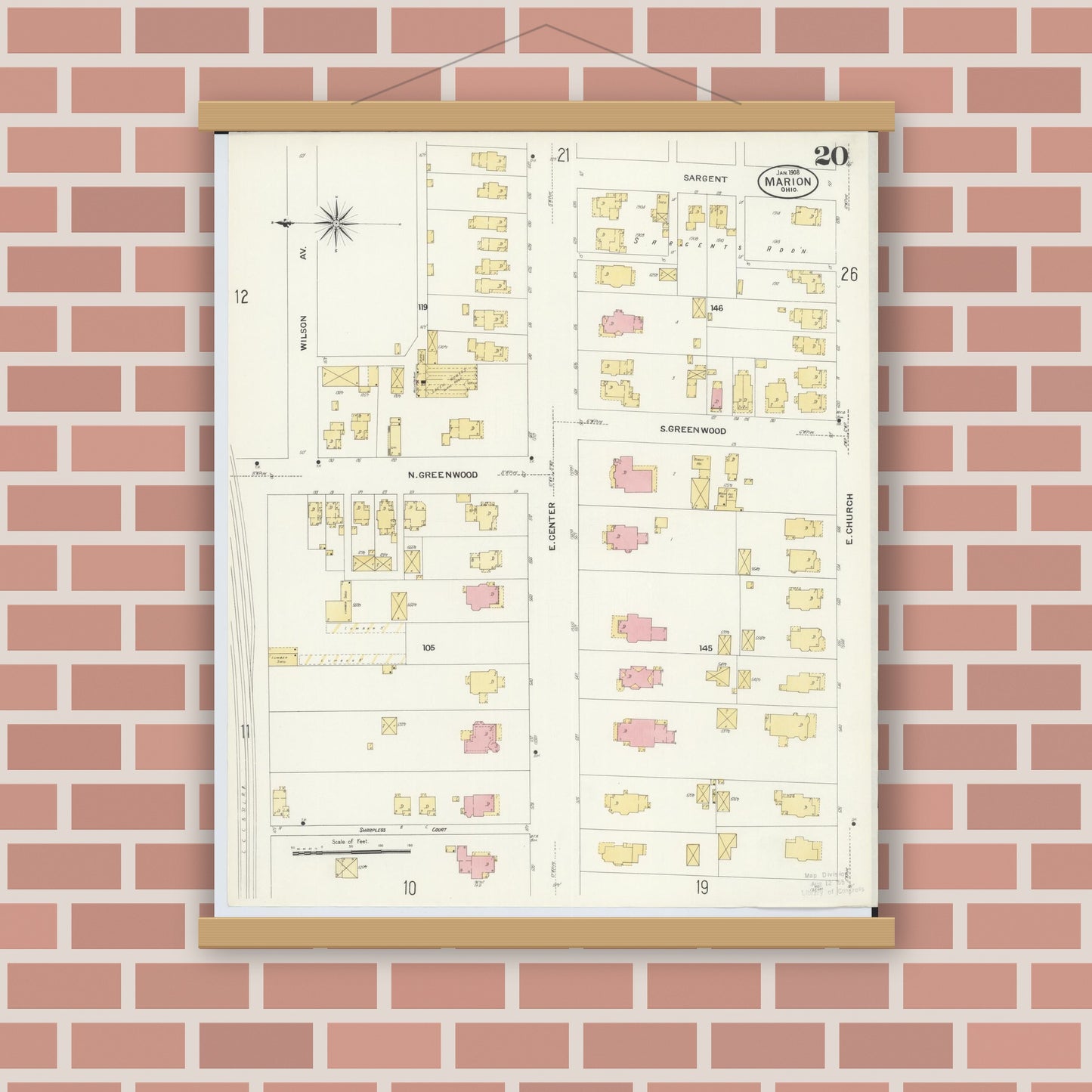 Old map wall art mockup — magnetic wood frame on brick wall — Sanborn Fire Insurance Map from Marion, Marion County, Ohio (1908), Sheet #0020
