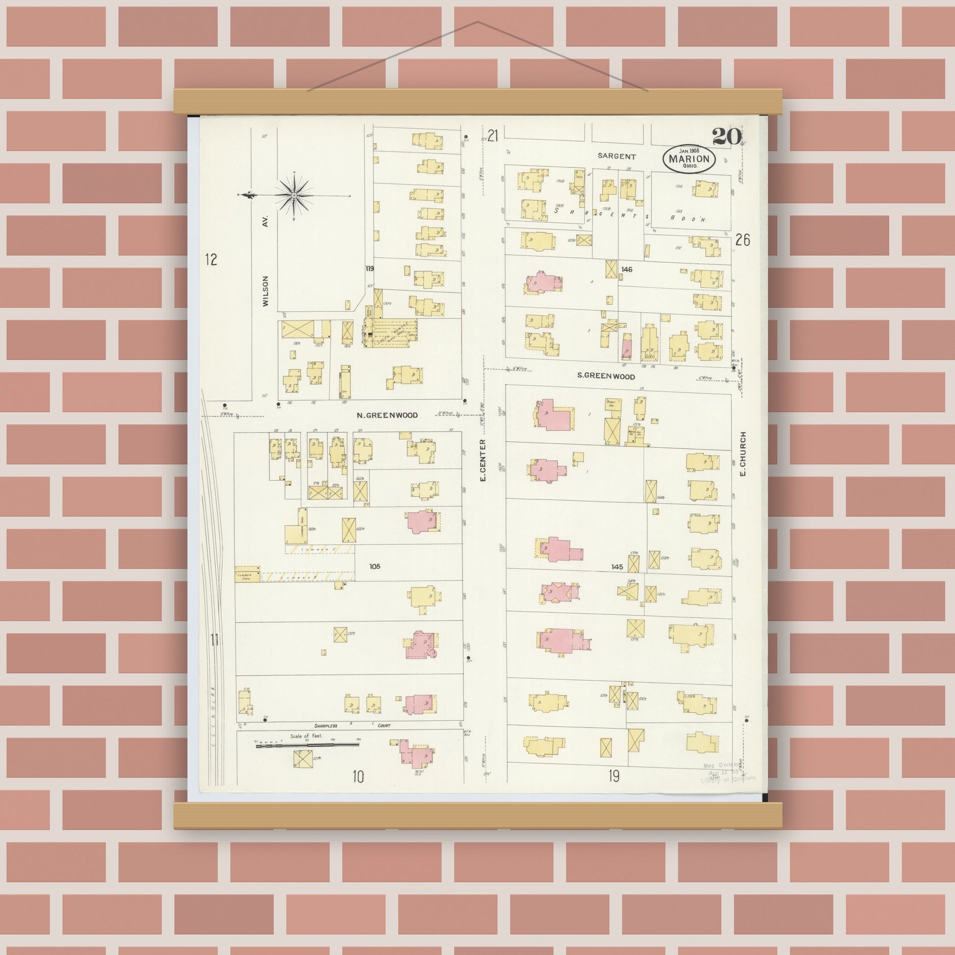 Old map wall art mockup — magnetic wood frame on brick wall — Sanborn Fire Insurance Map from Marion, Marion County, Ohio (1908), Sheet #0020