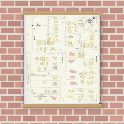Old map wall art mockup — magnetic wood frame on brick wall — Sanborn Fire Insurance Map from Marion, Marion County, Ohio (1908), Sheet #0020