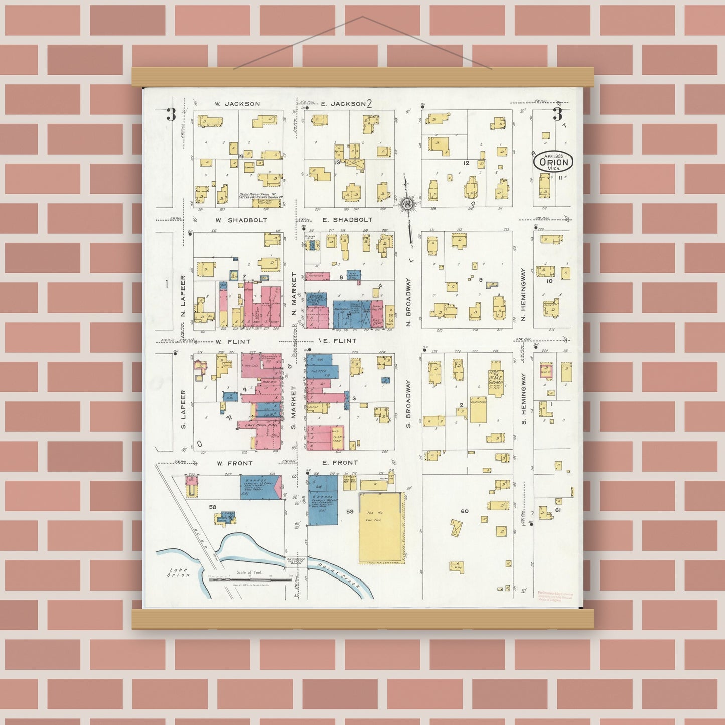 Old map wall art mockup — magnetic wood frame on brick wall — Sanborn Fire Insurance Map from Orion, Oakland County, Michigan (1926), Sheet #0003