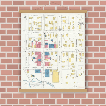 Old map wall art mockup — magnetic wood frame on brick wall — Sanborn Fire Insurance Map from Orion, Oakland County, Michigan (1926), Sheet #0003