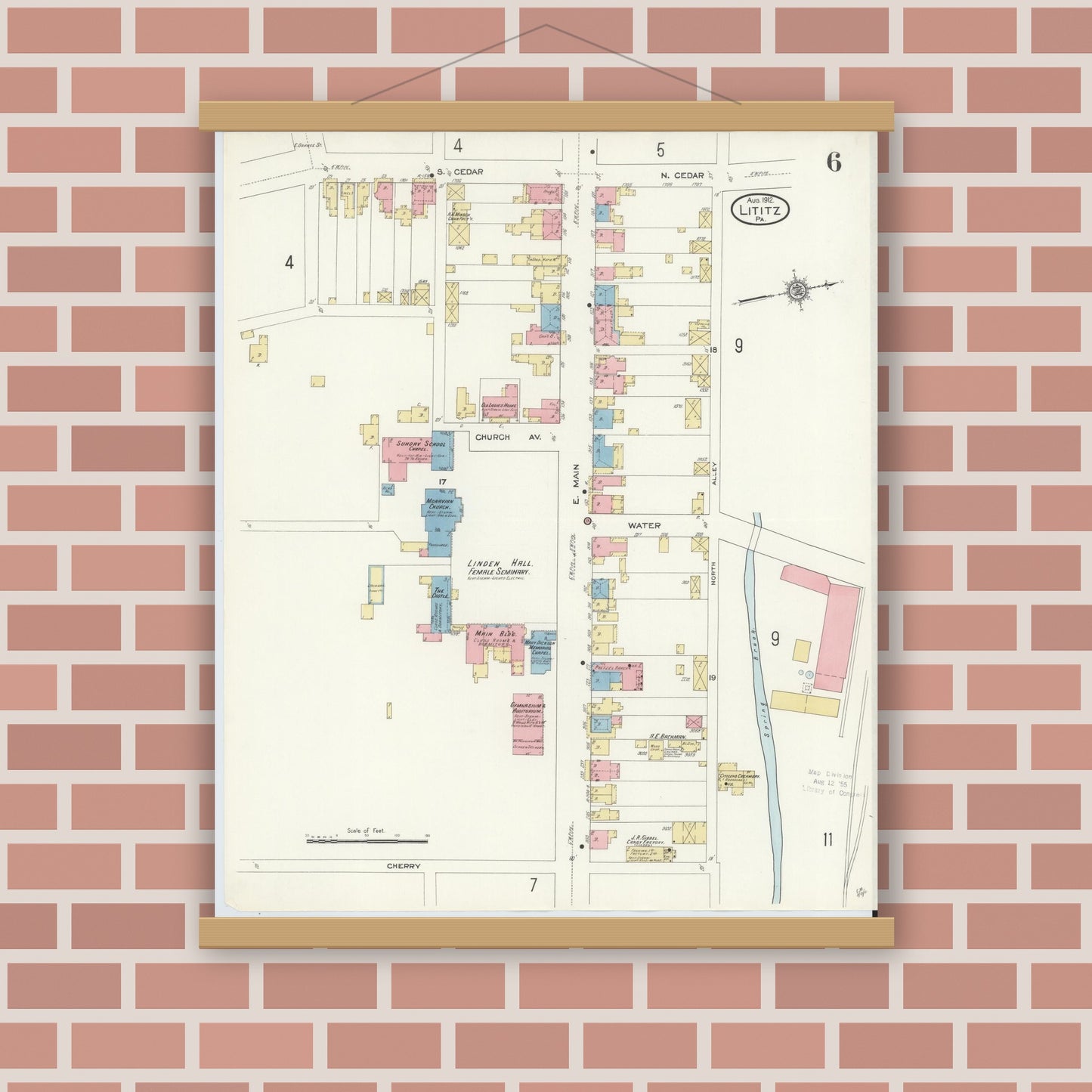Old map wall art mockup — magnetic wood frame on brick wall — Sanborn Fire Insurance Map from Lititz, Lancaster County, Pennsylvania (1912), Sheet #0006
