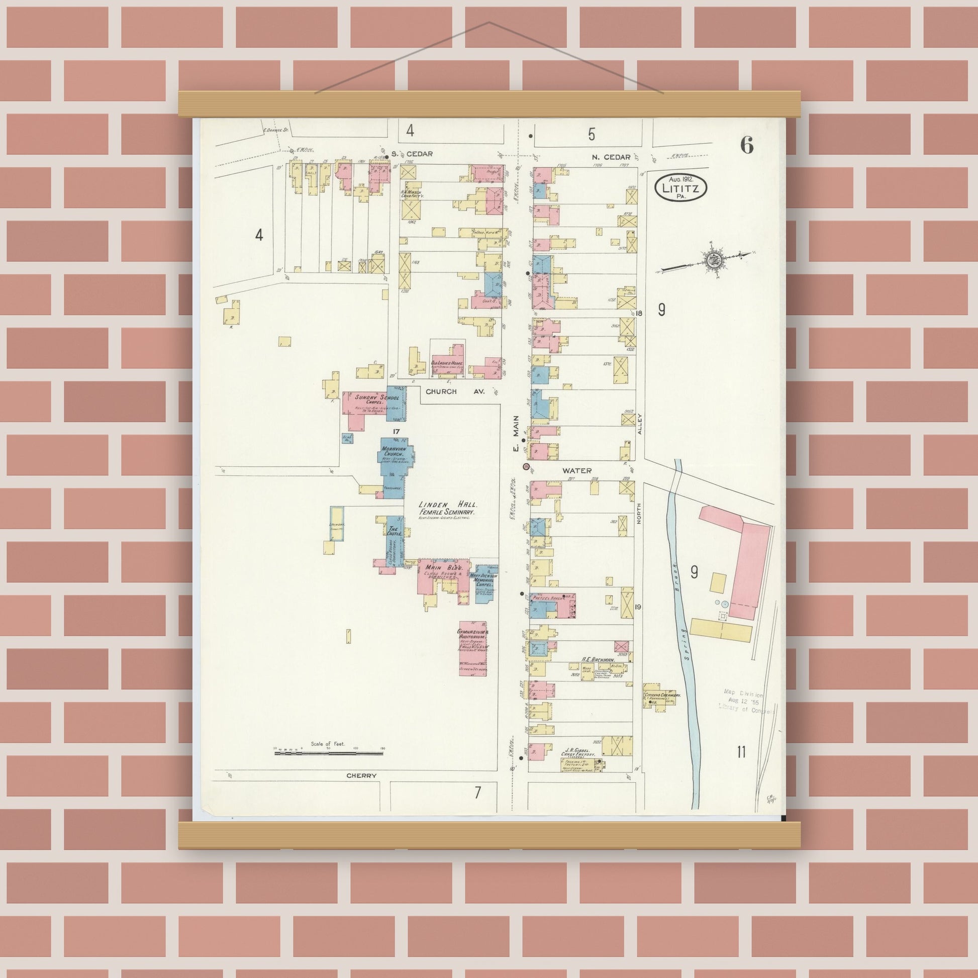 Old map wall art mockup — magnetic wood frame on brick wall — Sanborn Fire Insurance Map from Lititz, Lancaster County, Pennsylvania (1912), Sheet #0006