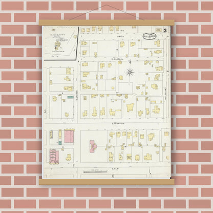 Old map wall art mockup — magnetic wood frame on brick wall — Sanborn Fire Insurance Map from Hillsboro, Hill County, Texas (1896), Sheet #0003