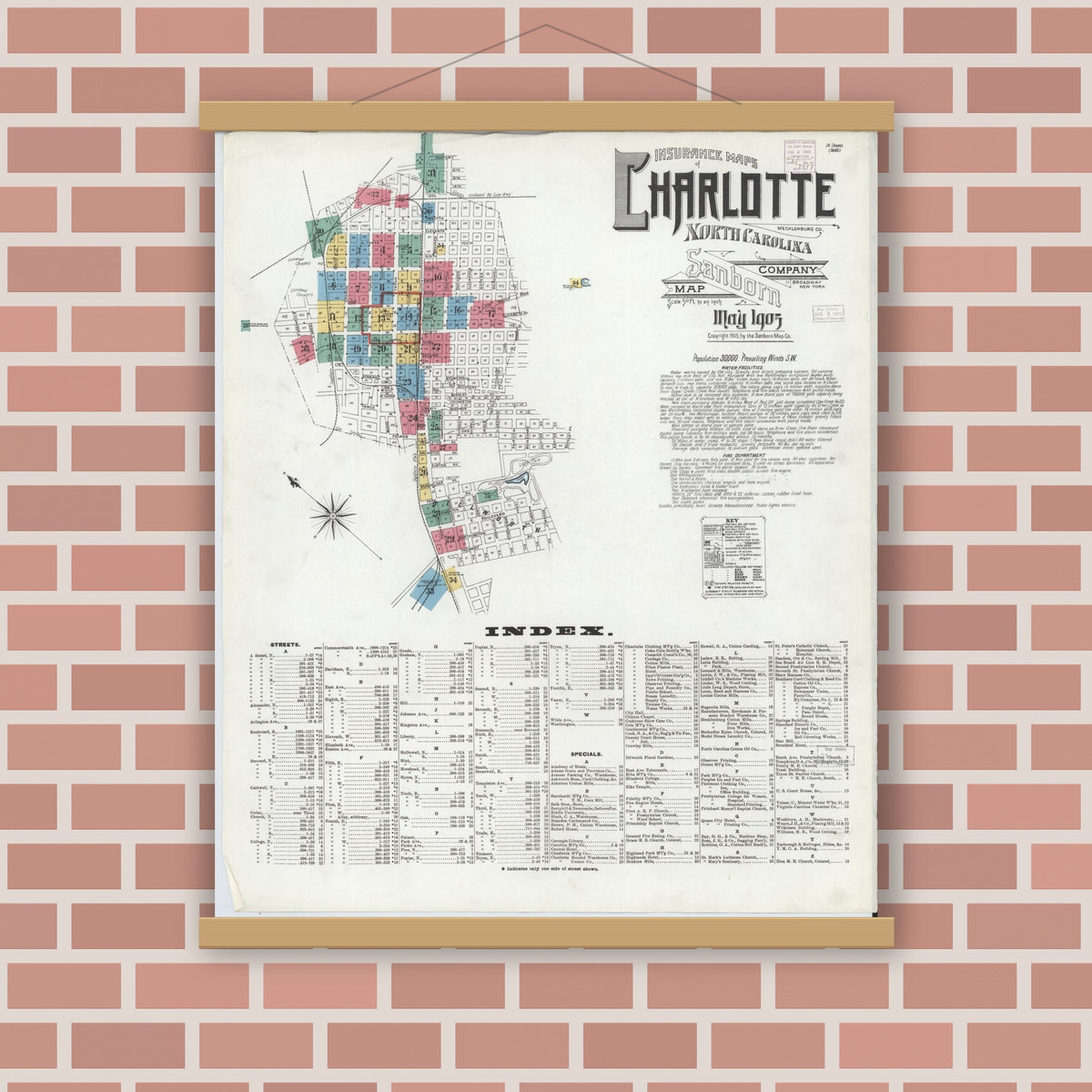 Old map wall art mockup — magnetic wood frame on brick wall — Sanborn Fire Insurance Map from Charlotte, Mecklenburg County, North Carolina (1905), Sheet #0001