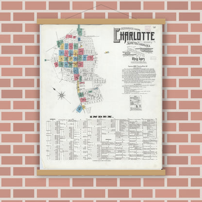Old map wall art mockup — magnetic wood frame on brick wall — Sanborn Fire Insurance Map from Charlotte, Mecklenburg County, North Carolina (1905), Sheet #0001