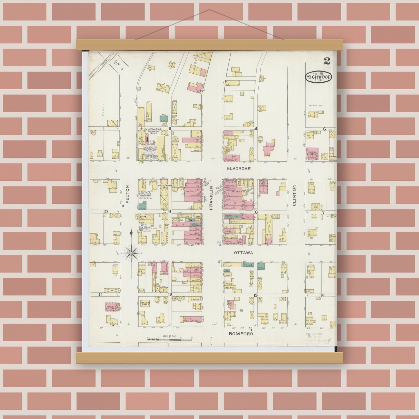 Old map wall art mockup — magnetic wood frame on brick wall — Sanborn Fire Insurance Map from Richwood, Union County, Ohio (1893), Sheet #0002