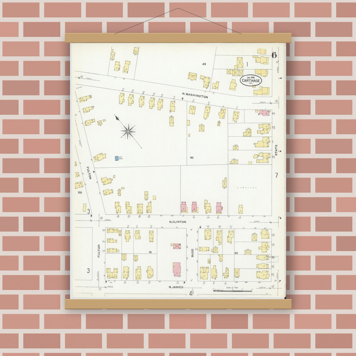 Old map wall art mockup — magnetic wood frame on brick wall — Sanborn Fire Insurance Map from Carthage, Jefferson County, New York (1908), Sheet #0006