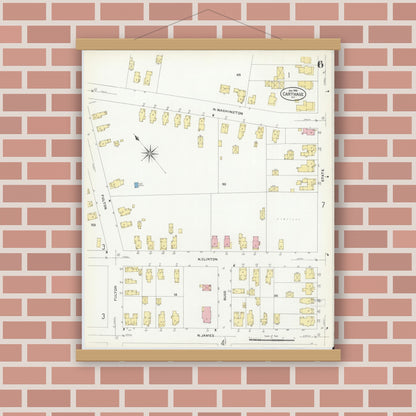 Old map wall art mockup — magnetic wood frame on brick wall — Sanborn Fire Insurance Map from Carthage, Jefferson County, New York (1908), Sheet #0006