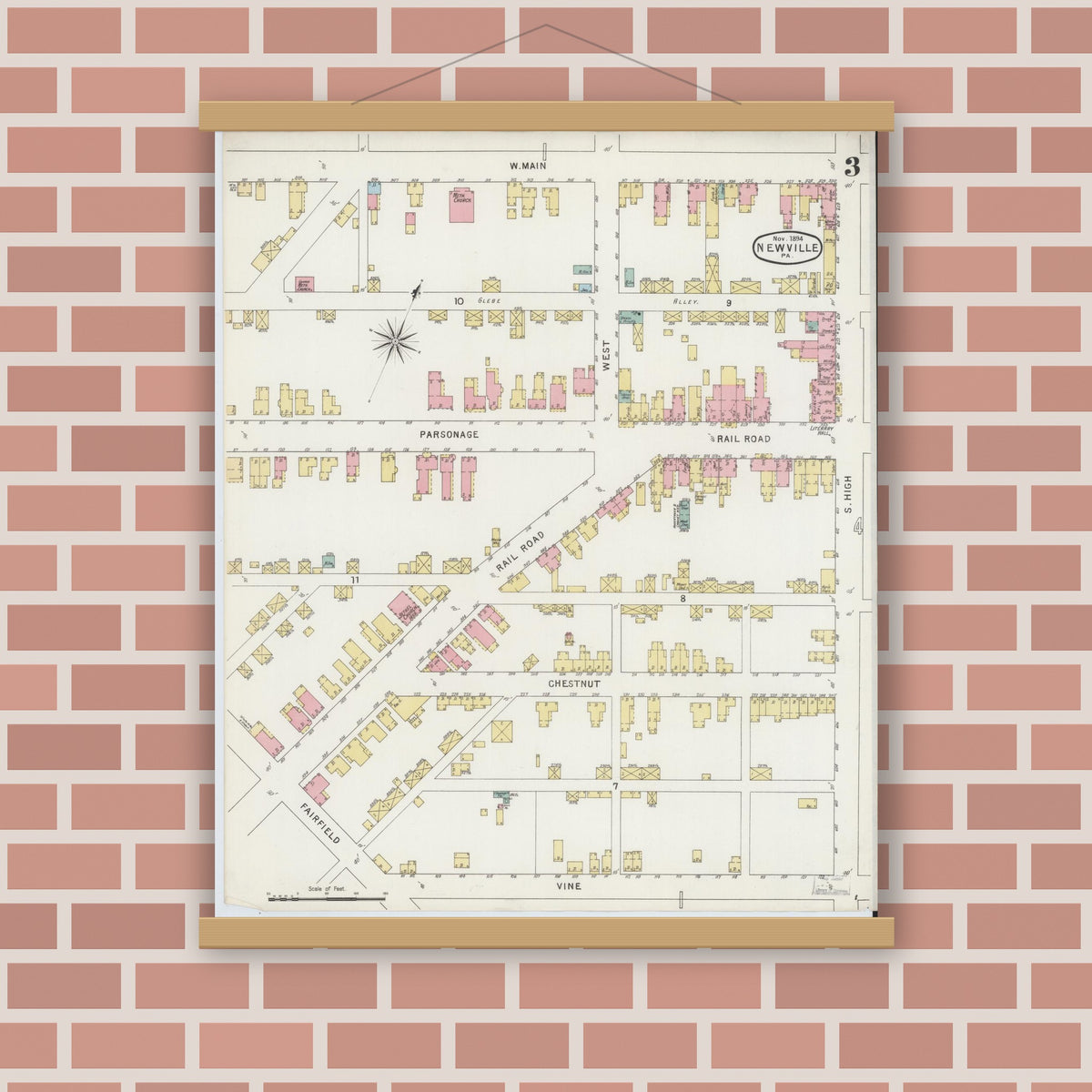Old map wall art mockup — magnetic wood frame on brick wall — Sanborn Fire Insurance Map from Newville, Cumberland County, Pennsylvania (1894), Sheet #0003