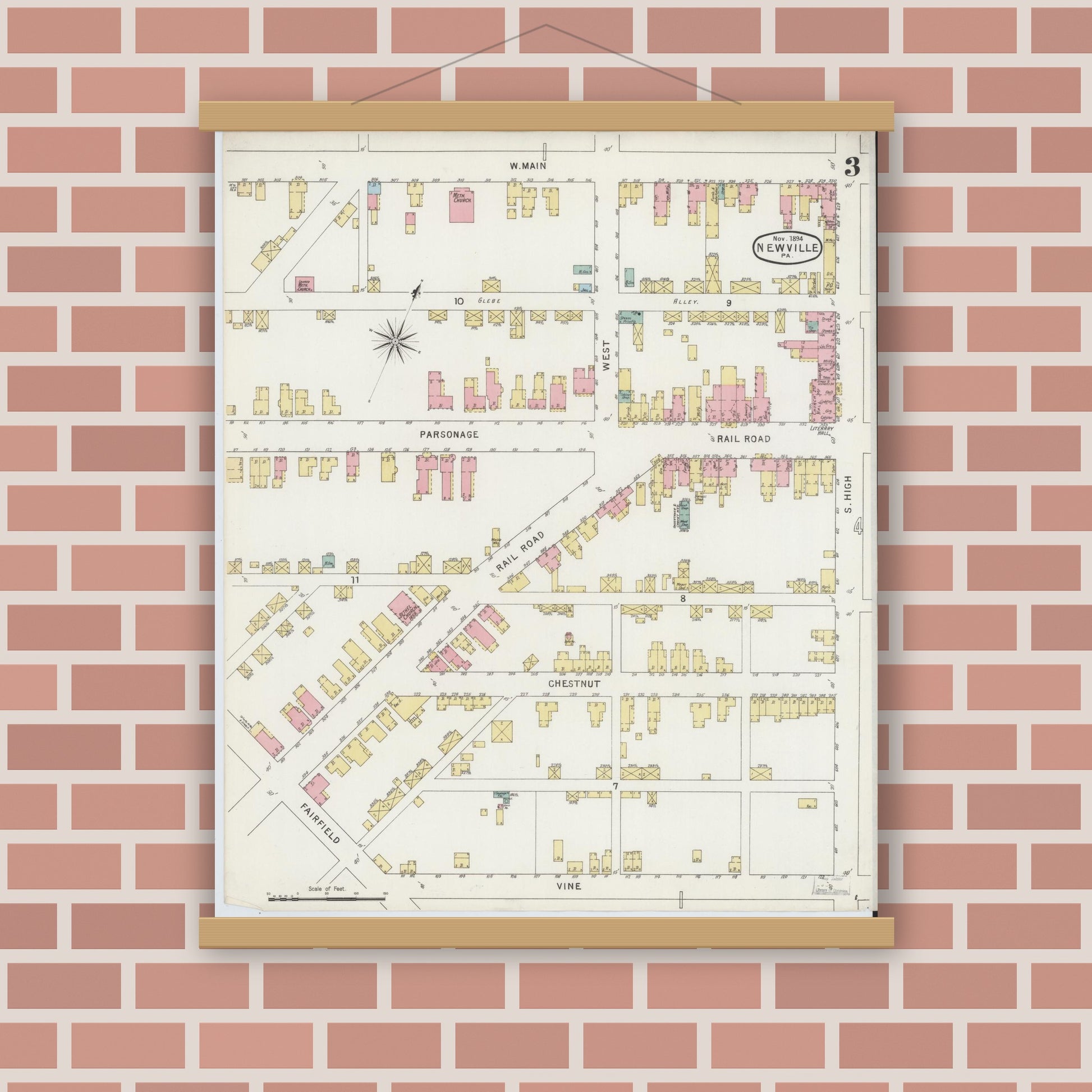 Old map wall art mockup — magnetic wood frame on brick wall — Sanborn Fire Insurance Map from Newville, Cumberland County, Pennsylvania (1894), Sheet #0003