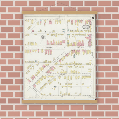 Old map wall art mockup — magnetic wood frame on brick wall — Sanborn Fire Insurance Map from Newville, Cumberland County, Pennsylvania (1894), Sheet #0003