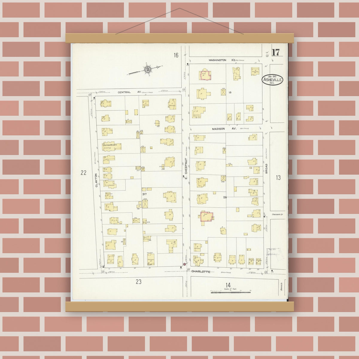 Old map wall art mockup — magnetic wood frame on brick wall — Sanborn Fire Insurance Map from Asheville, Buncombe County, North Carolina (1913), Sheet #0017