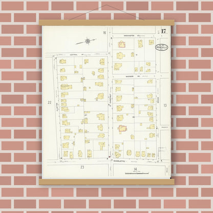 Old map wall art mockup — magnetic wood frame on brick wall — Sanborn Fire Insurance Map from Asheville, Buncombe County, North Carolina (1913), Sheet #0017