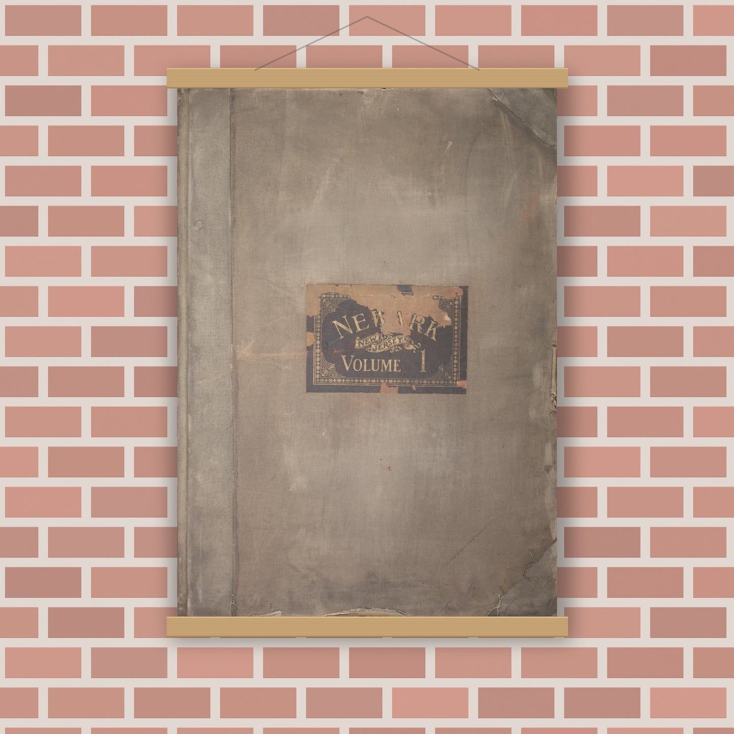 Old map wall art mockup — magnetic wood frame on brick wall — Sanborn Fire Insurance Map from Newark, Essex County, New Jersey (1929), Sheet #0001