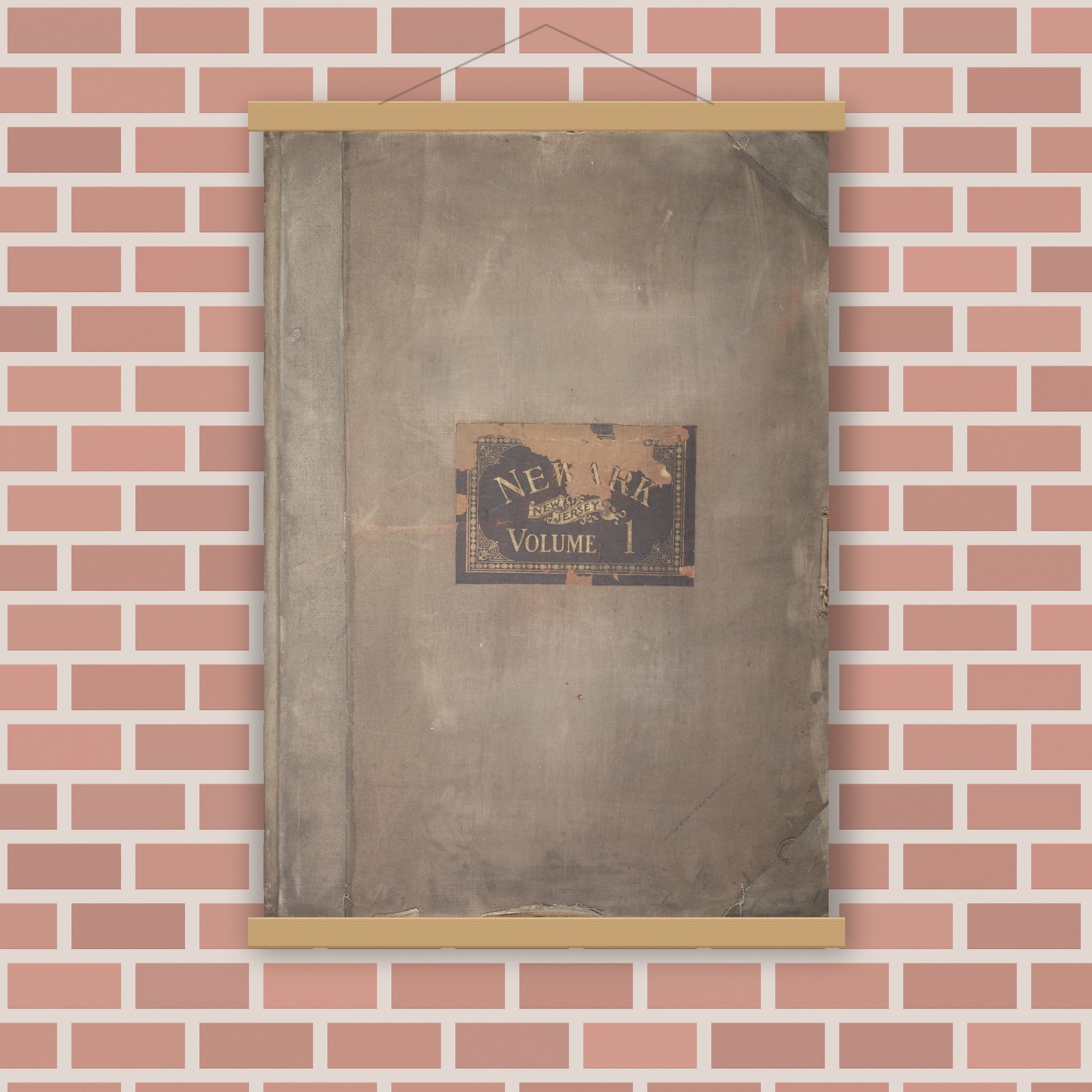 Old map wall art mockup — magnetic wood frame on brick wall — Sanborn Fire Insurance Map from Newark, Essex County, New Jersey (1929), Sheet #0001