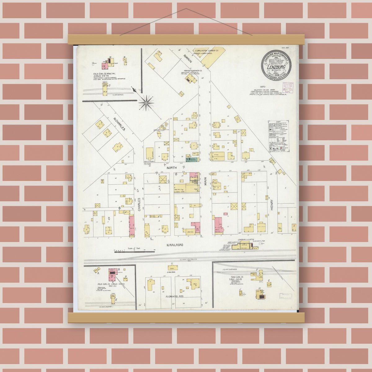 Old map wall art mockup — magnetic wood frame on brick wall — Sanborn Fire Insurance Map from Lenzburg, Saint Clair County, Illinois (1906), Sheet #0001