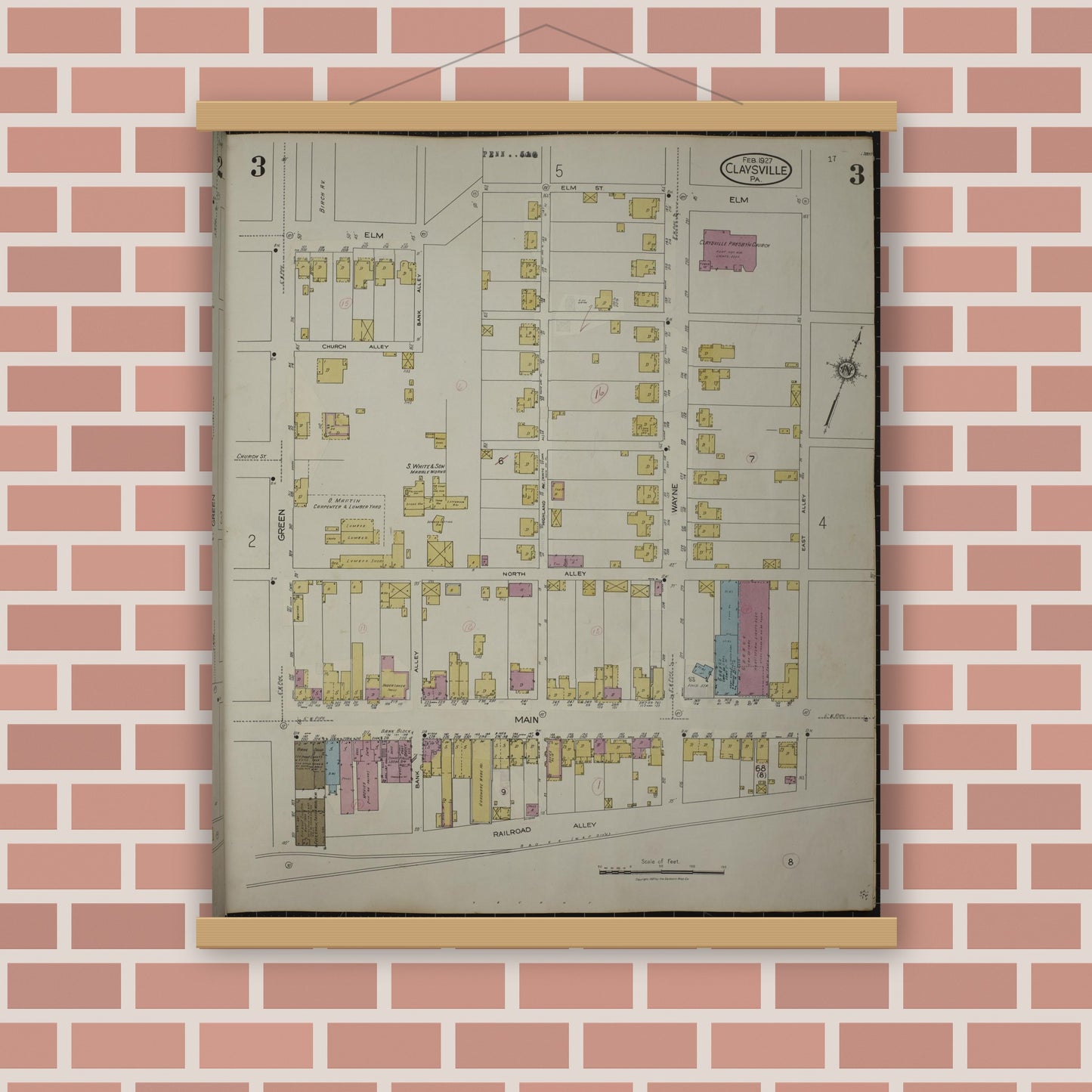 Old map wall art mockup — magnetic wood frame on brick wall — Sanborn Fire Insurance Map from Claysville, Washington County, Pennsylvania (1943), Sheet #0003