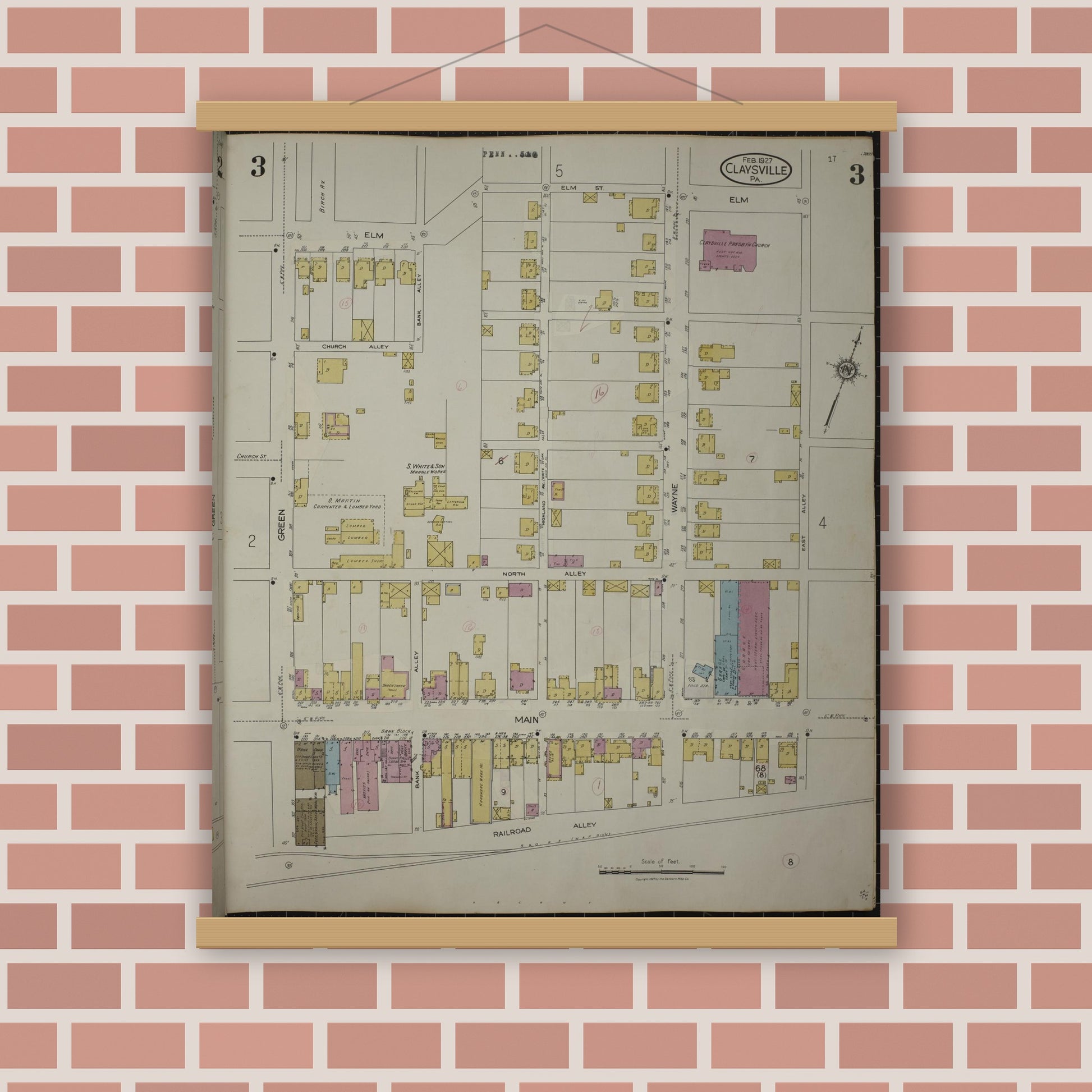 Old map wall art mockup — magnetic wood frame on brick wall — Sanborn Fire Insurance Map from Claysville, Washington County, Pennsylvania (1943), Sheet #0003