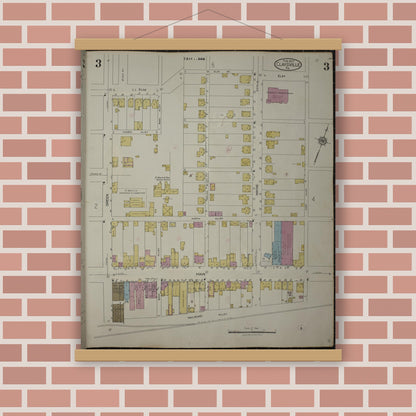 Old map wall art mockup — magnetic wood frame on brick wall — Sanborn Fire Insurance Map from Claysville, Washington County, Pennsylvania (1943), Sheet #0003