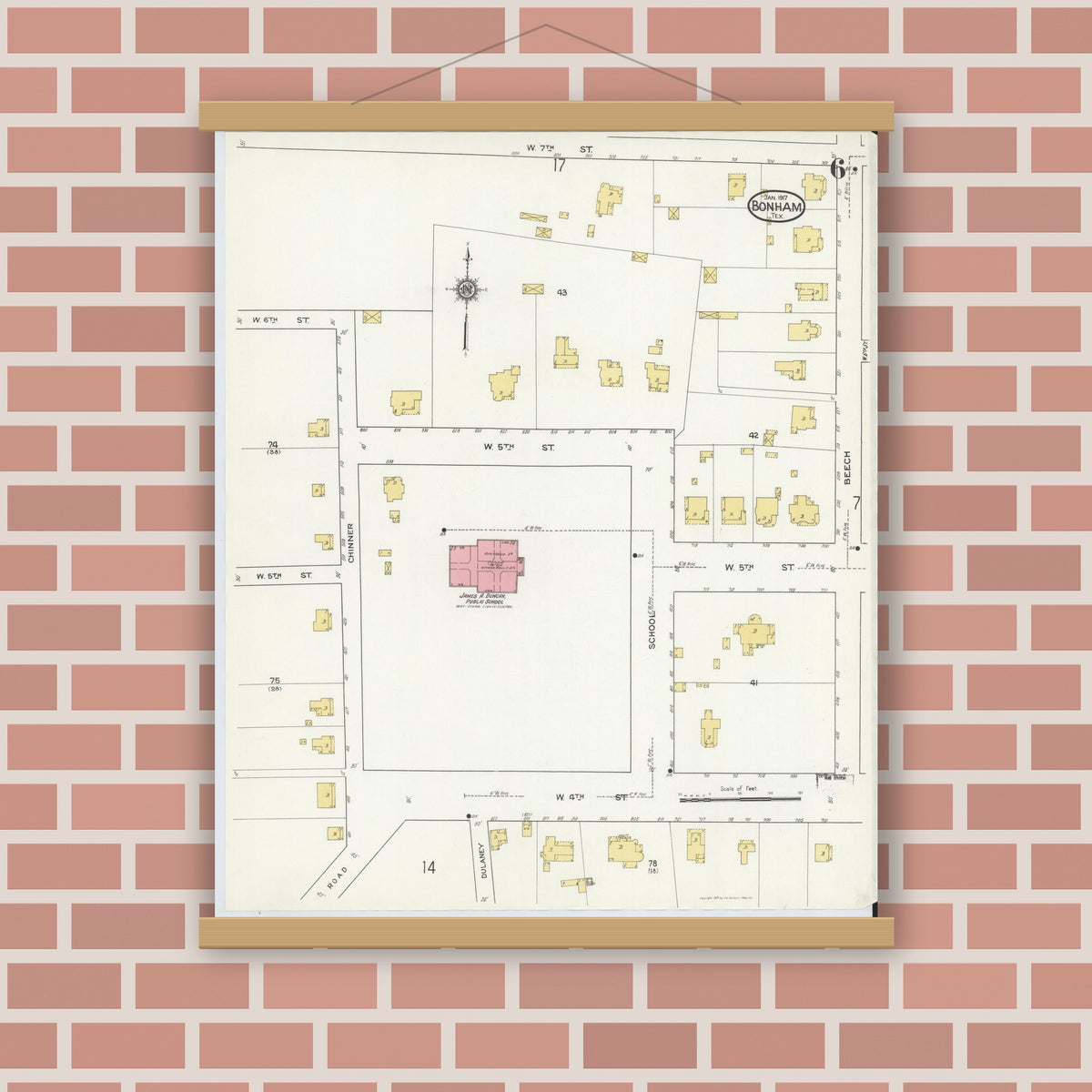 Old map wall art mockup — magnetic wood frame on brick wall — Sanborn Fire Insurance Map from Bonham, Fannin County, Texas (1917), Sheet #0006
