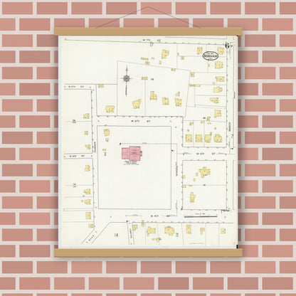 Old map wall art mockup — magnetic wood frame on brick wall — Sanborn Fire Insurance Map from Bonham, Fannin County, Texas (1917), Sheet #0006