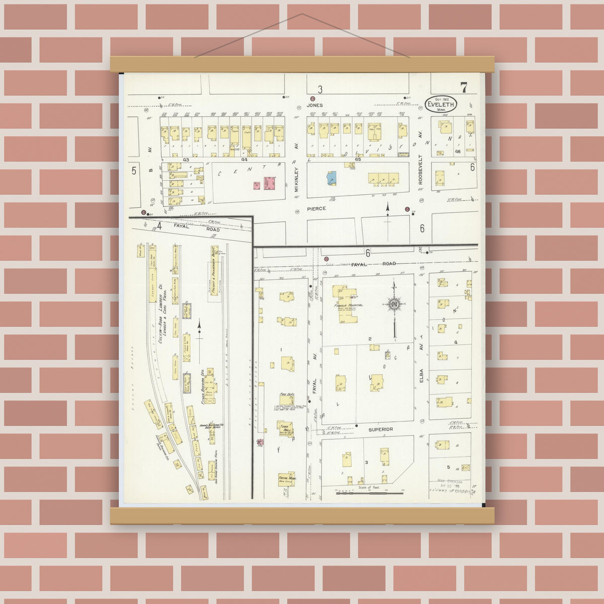 Old map wall art mockup — magnetic wood frame on brick wall — Sanborn Fire Insurance Map from Eveleth, Saint Louis County, Minnesota (1912), Sheet #0007