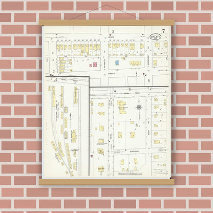 Old map wall art mockup — magnetic wood frame on brick wall — Sanborn Fire Insurance Map from Eveleth, Saint Louis County, Minnesota (1912), Sheet #0007