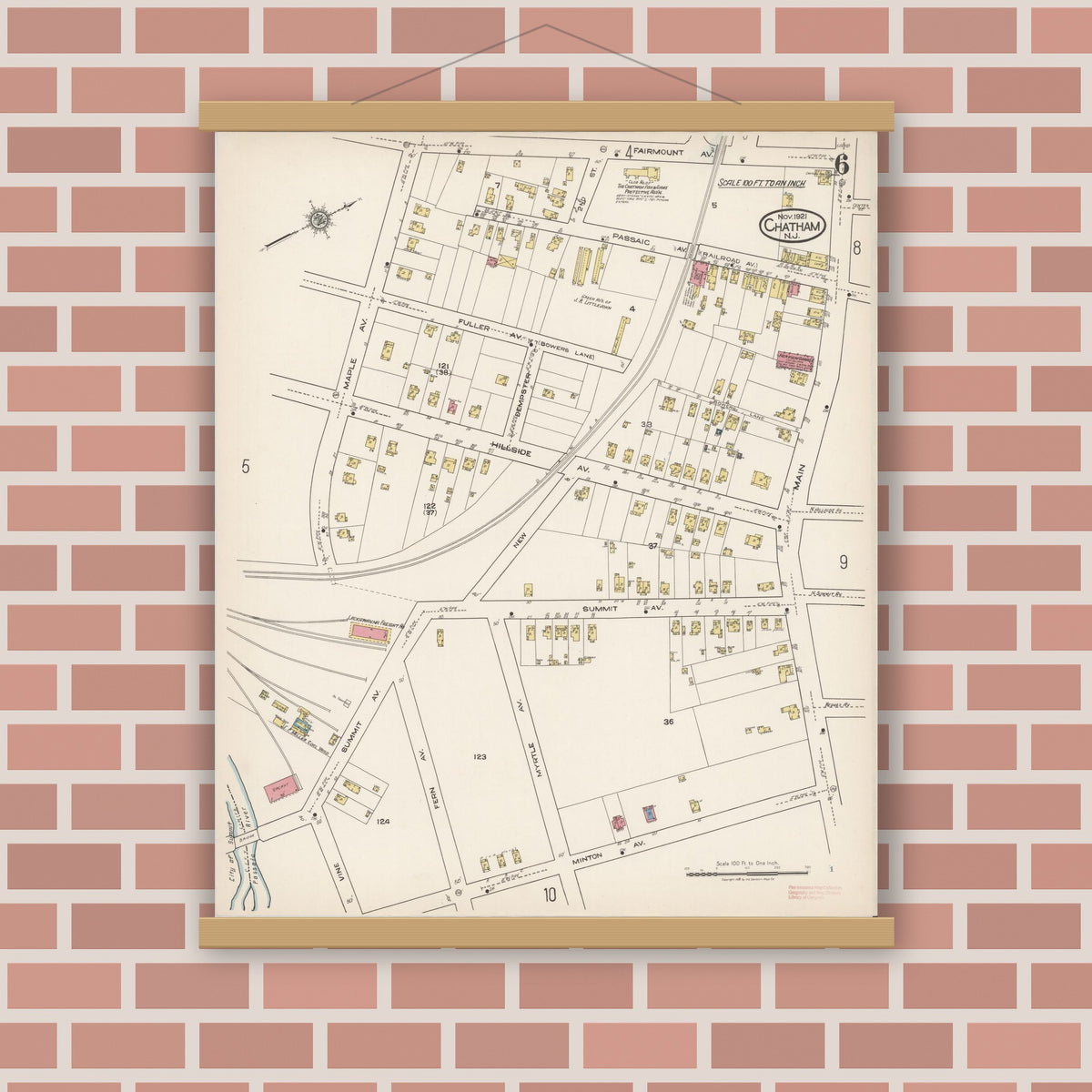 Old map wall art mockup — magnetic wood frame on brick wall — Sanborn Fire Insurance Map from Chatham, Morris County, New Jersey (1921), Sheet #0006