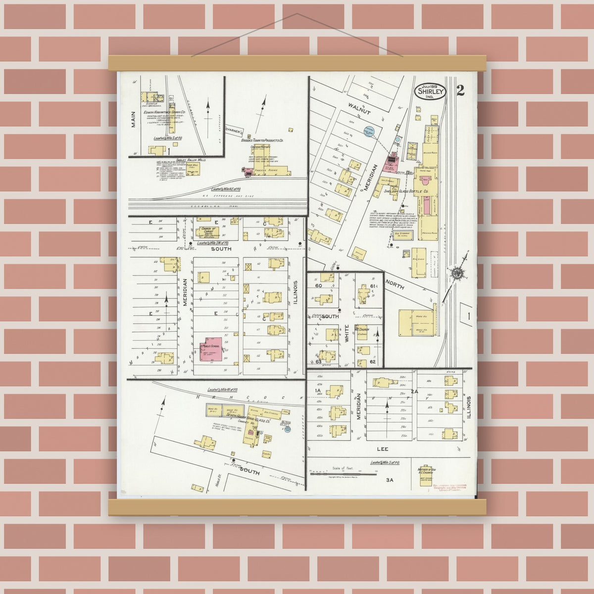 Old map wall art mockup — magnetic wood frame on brick wall — Sanborn Fire Insurance Map from Shirley, Hancock And Henry Counties, Indiana (1919), Sheet #0002