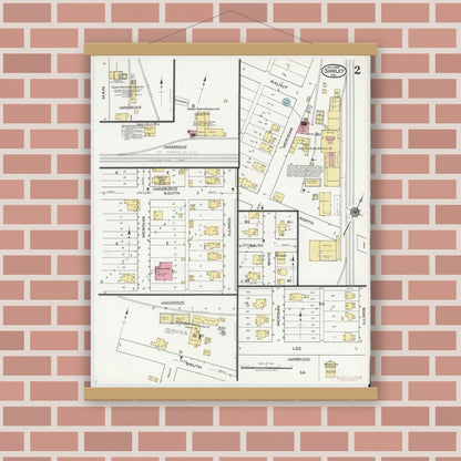 Old map wall art mockup — magnetic wood frame on brick wall — Sanborn Fire Insurance Map from Shirley, Hancock And Henry Counties, Indiana (1919), Sheet #0002