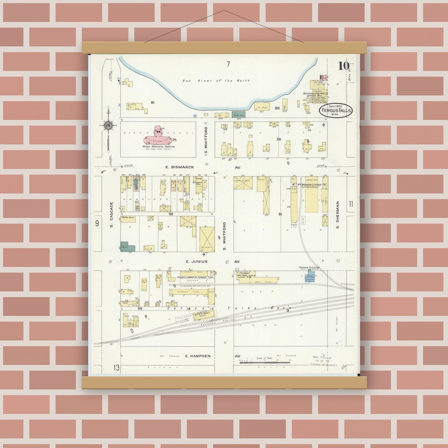 Old map wall art mockup — magnetic wood frame on brick wall — Sanborn Fire Insurance Map from Fergus Falls, Otter Tail County, Minnesota (1909), Sheet #0010