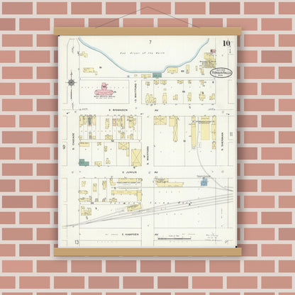 Old map wall art mockup — magnetic wood frame on brick wall — Sanborn Fire Insurance Map from Fergus Falls, Otter Tail County, Minnesota (1909), Sheet #0010