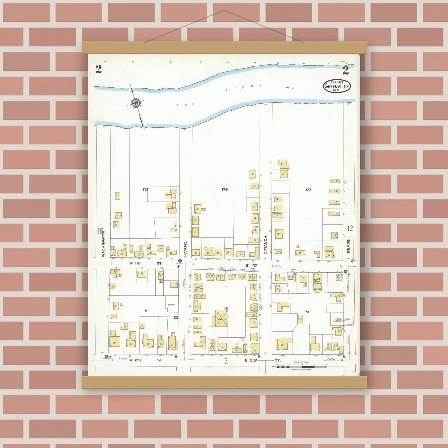 Old map wall art mockup — magnetic wood frame on brick wall — Sanborn Fire Insurance Map from Greenville, Pitt County, North Carolina (1923), Sheet #0002