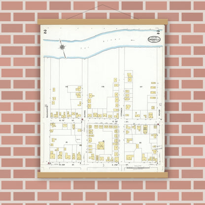 Old map wall art mockup — magnetic wood frame on brick wall — Sanborn Fire Insurance Map from Greenville, Pitt County, North Carolina (1923), Sheet #0002