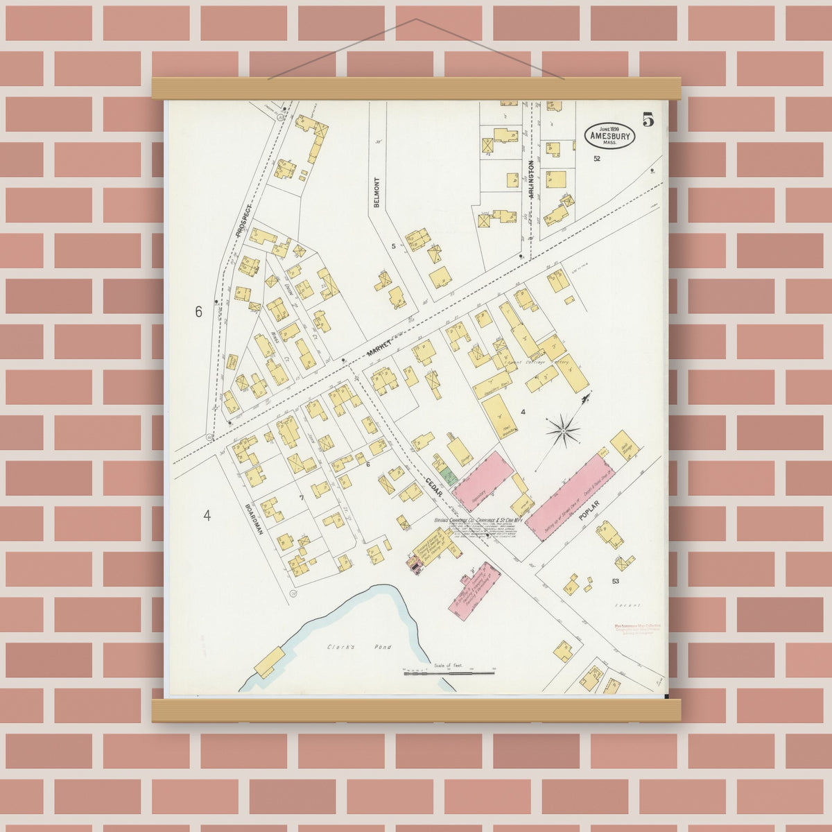 Old map wall art mockup — magnetic wood frame on brick wall — Sanborn Fire Insurance Map from Amesbury, Essex County, Massachusetts (1899), Sheet #0005