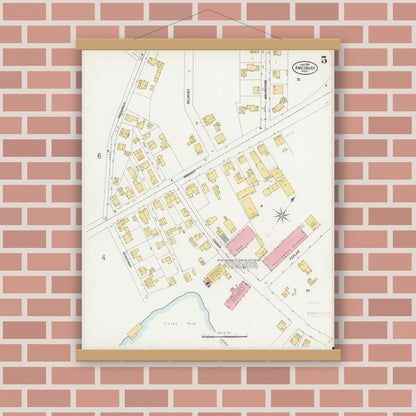 Old map wall art mockup — magnetic wood frame on brick wall — Sanborn Fire Insurance Map from Amesbury, Essex County, Massachusetts (1899), Sheet #0005